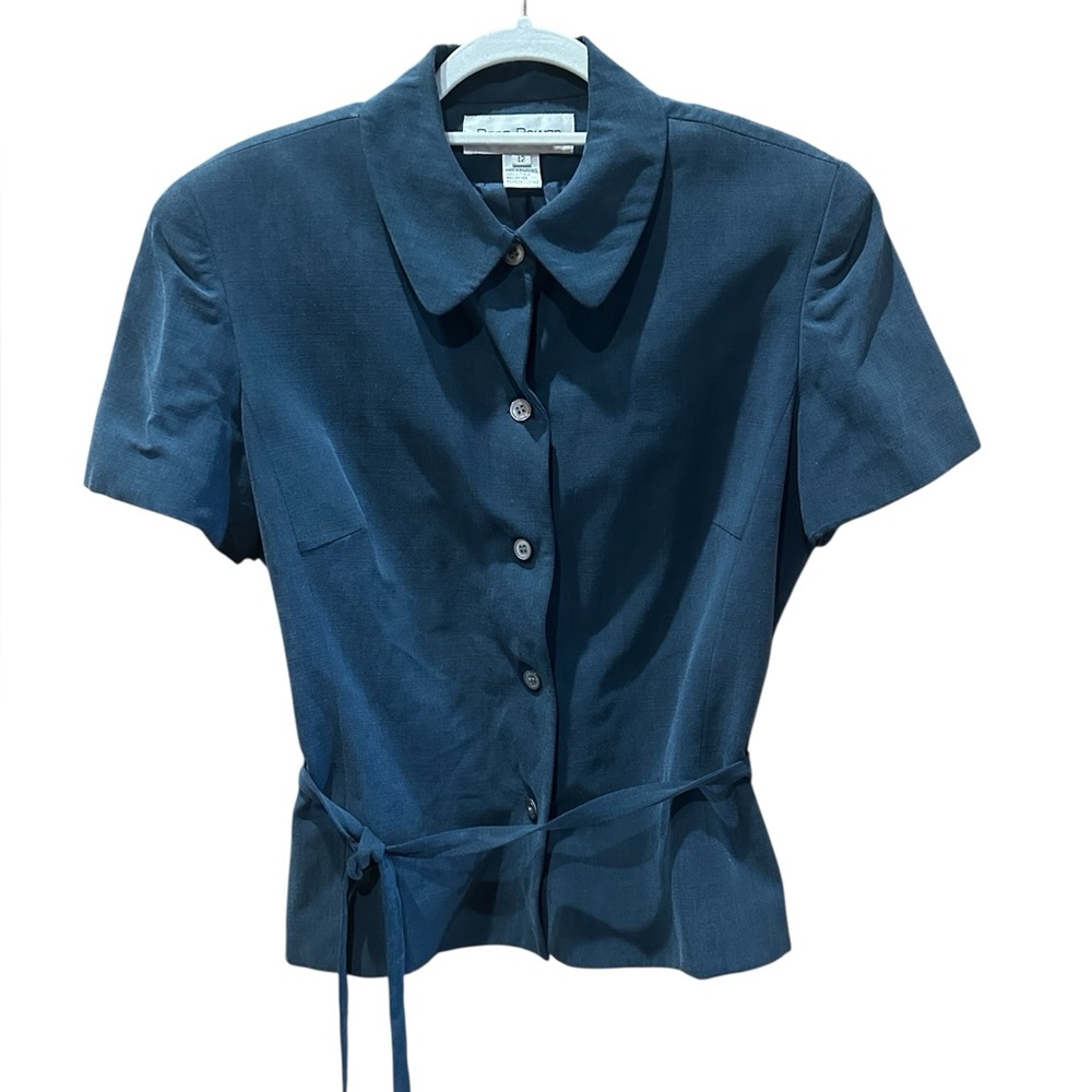 Rena Rowen Navy Blue Tie and Button Front Short Sleeve Blazer Top